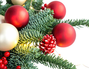 Festive evergreen branches adorned with red and gold ornaments and lights