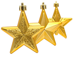 Three golden star-shaped ornaments with decorative glitter