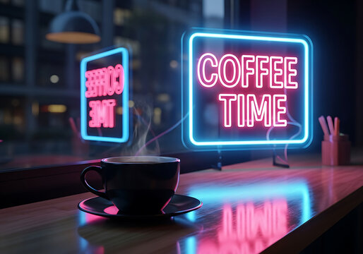 A steaming cup of coffee sits on a wooden counter in front of a neon coffee time sign, creating a cozy and inviting atmosphere for a break - Powered by Adobe