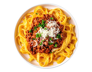Hearty bowl of tagliatelle pasta topped with rich meat sauce and cheese