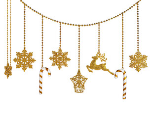Golden holiday ornaments dangle from a chain, featuring snowflakes, candy canes, and a reindeer