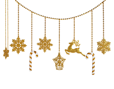 Golden holiday ornaments dangle from a chain, featuring snowflakes, candy canes, and a reindeer