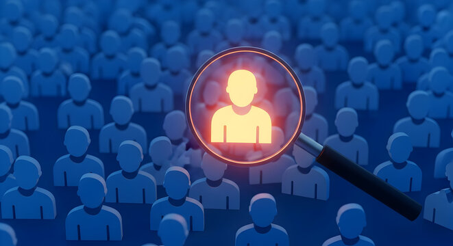 Magnifying glass highlights one person from a crowd, talent search concept