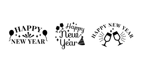 Happy New Year Lettering Black Icon Bundle for Festive Greeting and Celebration Typography