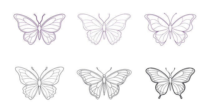 Set of six butterfly illustrations with different wing patterns in black outline