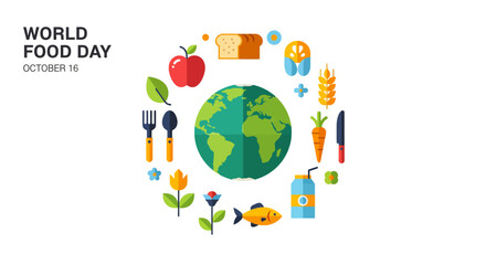 World Food Day conceptual illustration with the Earth globe surrounded by various healthy food icons on a white background.