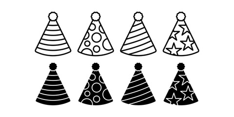 Party Hat Black Icon Bundle for Celebration Birthday Festival and New Year Design