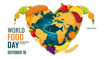 World Food Day illustration featuring a heart-shaped world map filled with fruits and bread, promoting food for all.