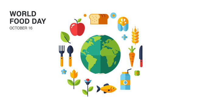 World Food Day conceptual illustration with the Earth globe surrounded by various healthy food icons on a white background.