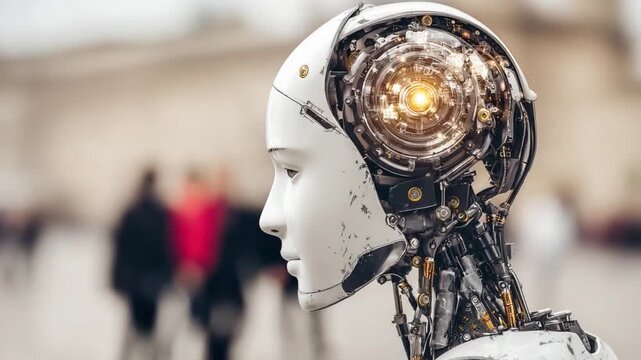 Robot: The image reveals a close-up of a lifelike robot with a serene expression, revealing intricate mechanical details. It's a striking portrait that blends technology and artistry.
