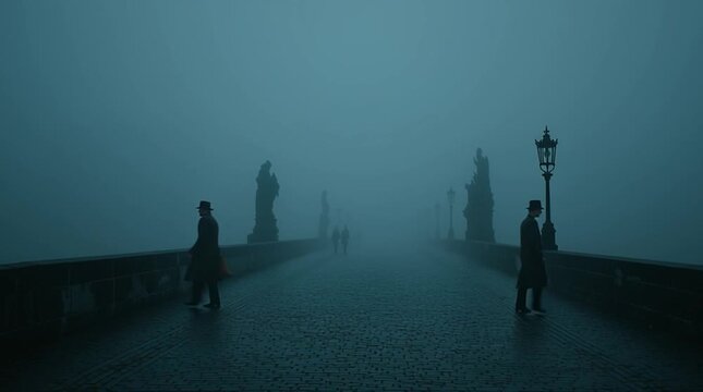 Espionage thriller scene on a foggy Prague bridge at dawn. Two shadowy figures exchange a secret envelope. Cold, tense, suspenseful, with desaturated blue cinematic lighting.