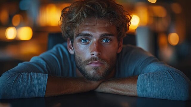 Focused Contemplation: Capturing a pensive moment, a thoughtful person with striking features leans forward, his gaze directed towards the viewer in a display of deep reflection. 