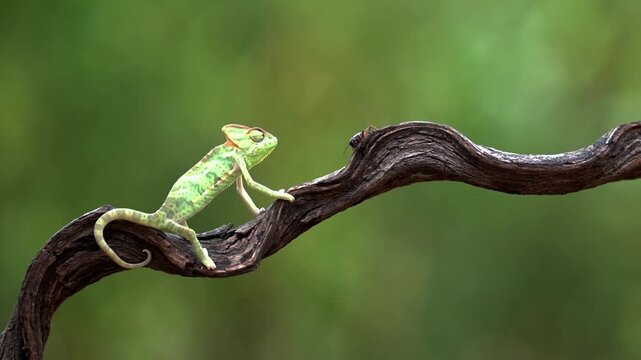 The juvenile veiled chameleon (Chamaeleo calyptratus) is catching an insect as its prey with its long and sticky tongue.