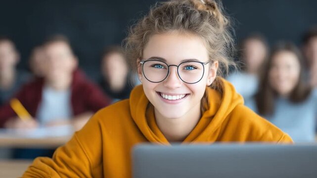 Focused Learning: A cheerful student in glasses beams with a smile in a classroom, with the soft glow of a laptop illuminating her engaged face. Capturing the joy of education.