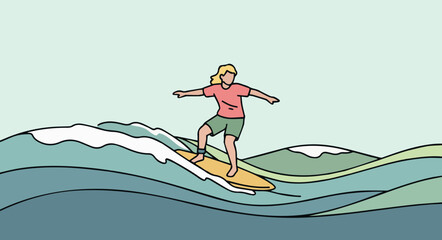 Fototapeta premium A woman surfing on a wave in the ocean with mountains in the background.
