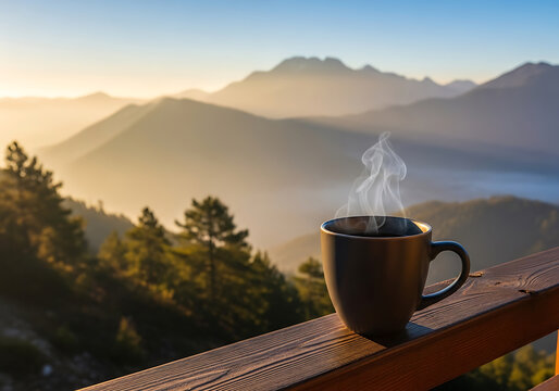 A warm cup of coffee with steam rising sits on a wooden railing overlooking a breathtaking mountain range at sunrise, creating a serene and picturesque morning scene