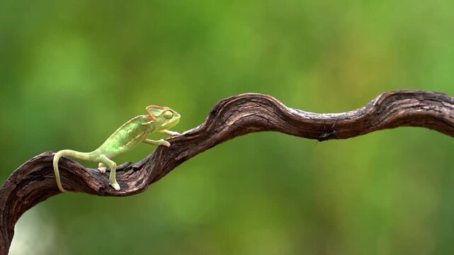 The juvenile veiled chameleon (Chamaeleo calyptratus) is catching an insect as its prey with its long and sticky tongue.