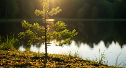 A small evergreen tree stands bathed in sunlight near a serene lake. Bokeh effect
