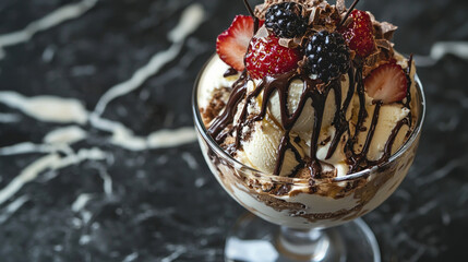 Close-up of a sundae with chocolate, berries, and ice cream in a glass, on marble