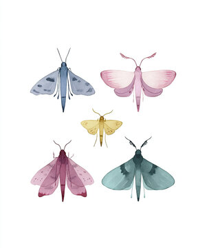 watercolor moths in muted pastel tones.
