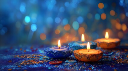 Four diwali candles glowing against a blurred blue background, creating a festive and serene atmosphere