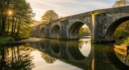 Fototapeta premium Ancient Stone Bridge Reflecting in Calm River at Sunrise, Portugal