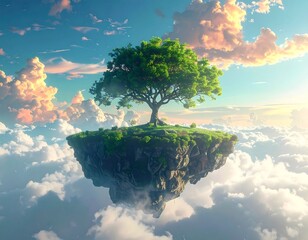 A solitary tree flourishes on a floating island amidst a fluffy cloudscape and golden sunset