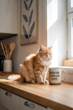 Cozy Morning Cat with Coffee Mug