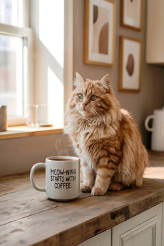 Cozy Morning Cat with Coffee Mug