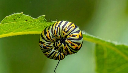 Close-up of a colorful caterpillar coiled on a green leaf