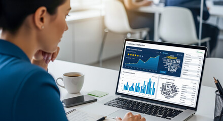 Customer Satisfaction Concept with businesswoman analyzing client feedback data on laptop screen, reviewing survey results, ratings, and nps score charts in office