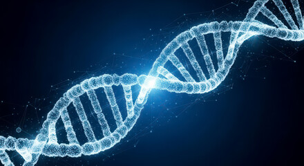 Digital illustration of glowing blue DNA double helix strand on dark background, futuristic medical technology and genetic research science concept