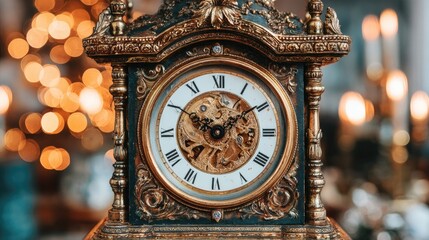 Antique ornate clock face displays roman numerals and exposed gears.