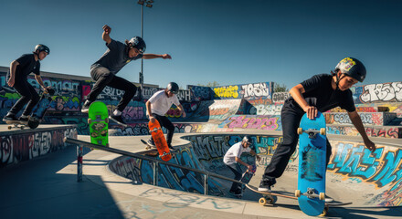 Skateboarder in action sequence doing grind trick on rail at urban skate park, young person performing extreme sport with motion blur