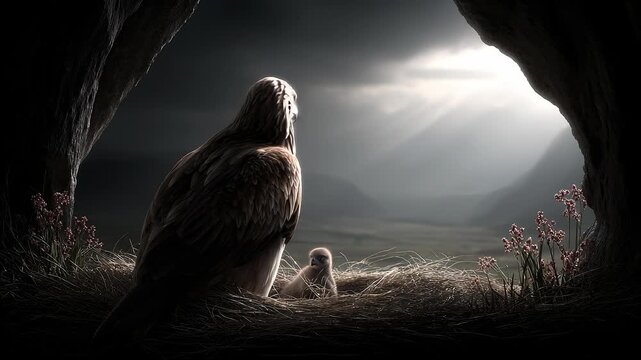 Eagle guarding eaglet nest in mountain cave