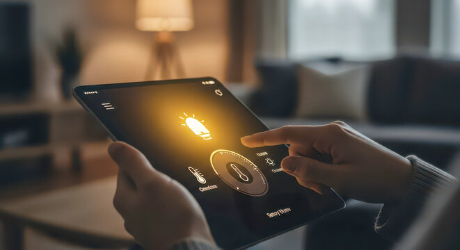 Person controlling smart home with tablet, using app to adjust light intensity and temperature for energy efficiency and comfort automation