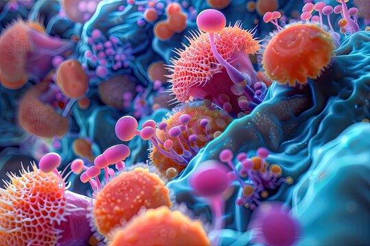 Microscopic view of colorful fungi and microbiomes interacting under the lens.