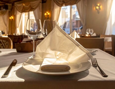 A fine dining setup, table set with a folded napkin and a wine glass