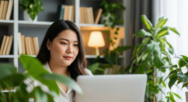 Young professional woman working on laptop in modern home office with many green plants, freelancer enjoying remote work in biophilic interior