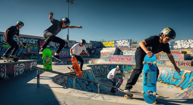 Skateboarder in action sequence doing grind trick on rail at urban skate park, young person performing extreme sport with motion blur