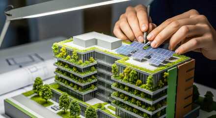 Architect working on model of sustainable green building with solar panels, eco friendly architecture and renewable energy concept on desk