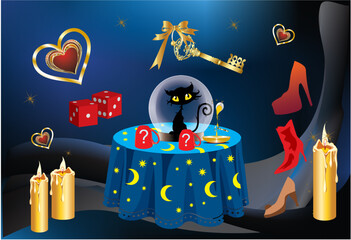 composition with a key and candles for a fortune telling evening