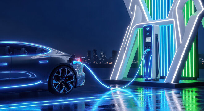 Electric car charging at futuristic station with neon lights, theme of sustainable energy and green technology, modern vehicle on city street at night