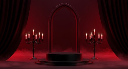 Mysterious Redlit Gothic Stage with Archway and Candelabras