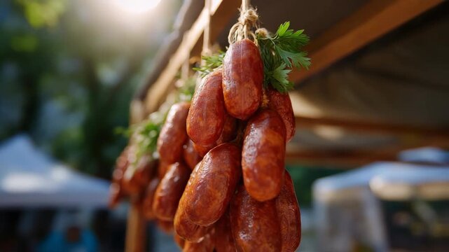Hanging smoked sausages at outdoor market stall with sunlight