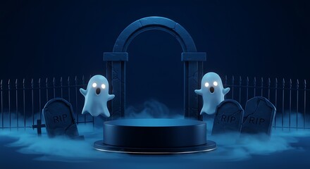 Eerie Halloween Scene with Ghosts and Tombstones