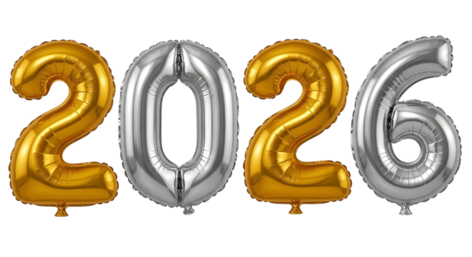 Shiny gold and silver 2026 balloon numbers isolated on transparent background