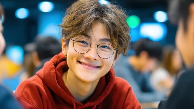 Joyful Gaze: An individual with a heartwarming smile, accentuated by glasses, radiates warmth and friendliness, offering a glimpse into genuine happiness. 