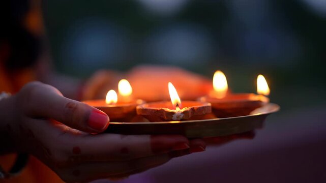Devotee Offering Clay Diya Lamps During Chhath Puja Celebrations, A Traditional Hindu Festival in India. River Sun God Worship Bihar.