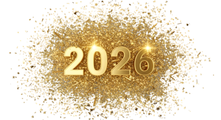 Golden 2026 numbers on glitter isolated on transparent background for new year